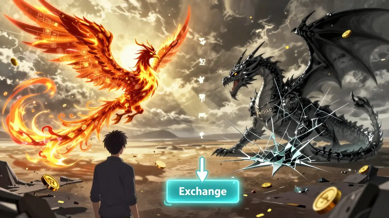 Un phénix blockchain vainc un dragon HOPE vide, symbolisant l'échec du token sans valeur.