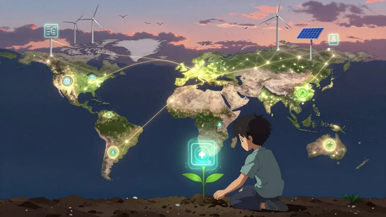 Un réseau mondial de nœuds blockchain alimentés par des énergies renouvelables forme une chaîne lumineuse, reliée à un arbre qui pousse grâce à une transaction vérifiable.