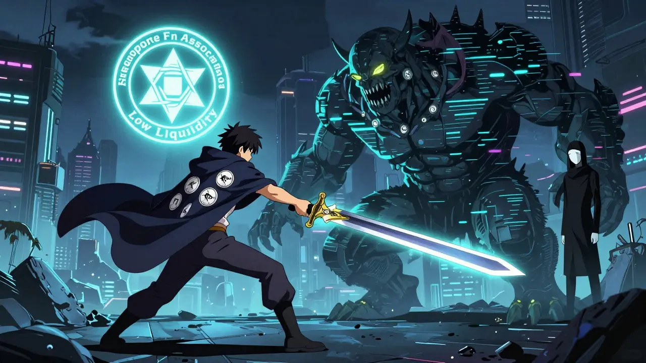 Un trader affronte un monstre de faible liquidité avec une épée d'échanges atomiques, sous un sceau de certification.