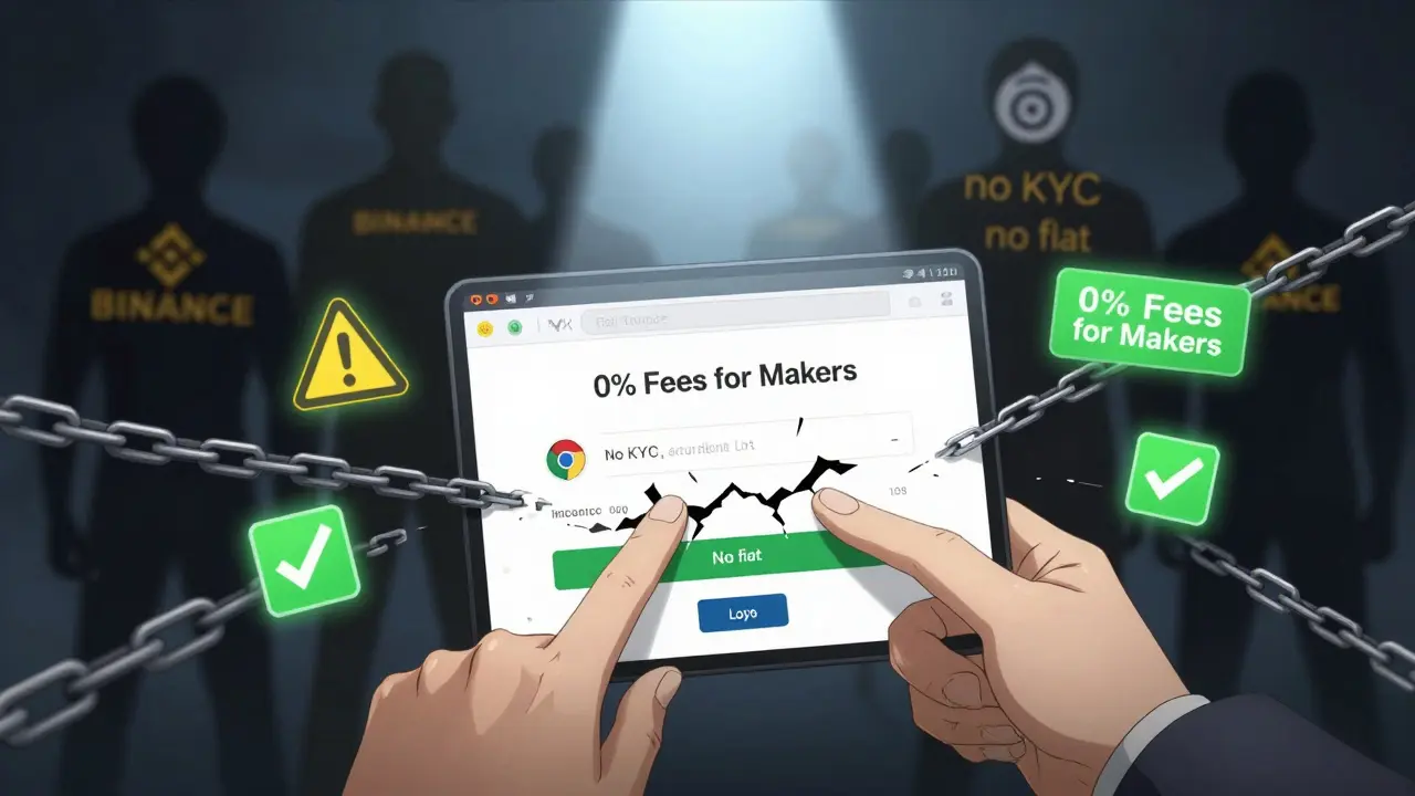 Un utilisateur se connecte à Switcheo via Chrome en mode privé, avec des icônes de frais nuls et sans KYC.