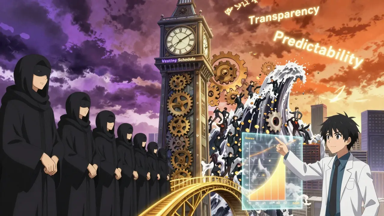 Une horloge géante montre la libération échelonnée des tokens contre un effondrement de prix causé par des ventes massives.