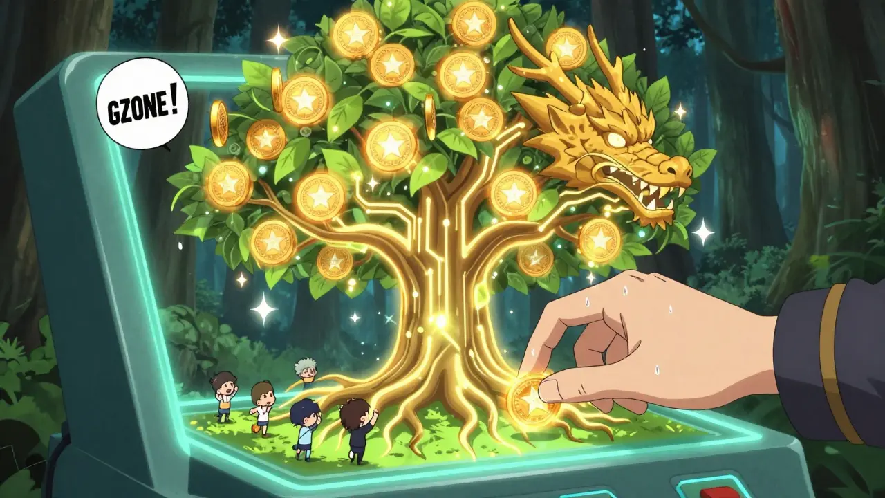 Une main stakant des jetons GZONE dans un terminal en forme de dragon, avec des récompenses sous forme de feuilles lumineuses.