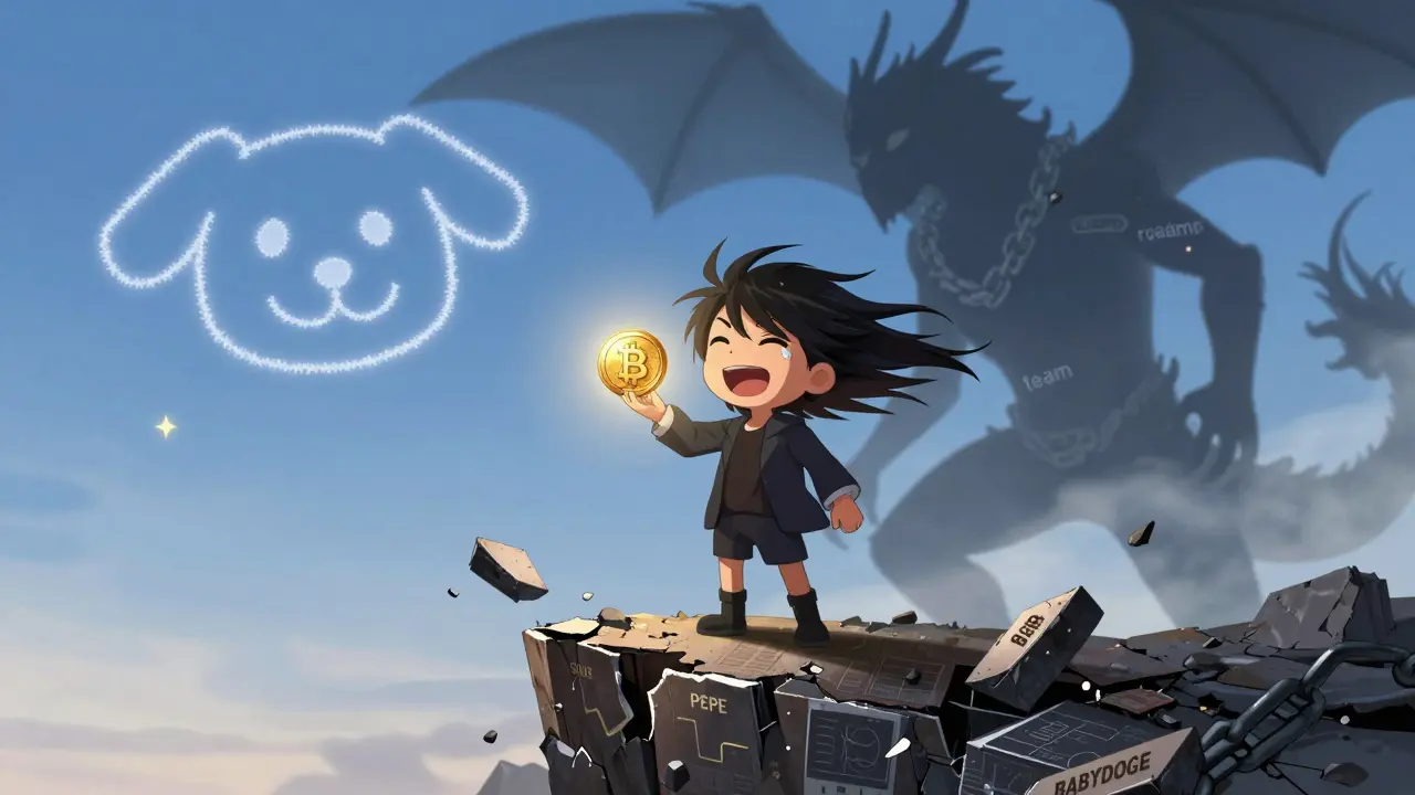Une personne debout sur un cliff de graphiques cryptos, tenant un jeton BABYNEIRO qui brille doré