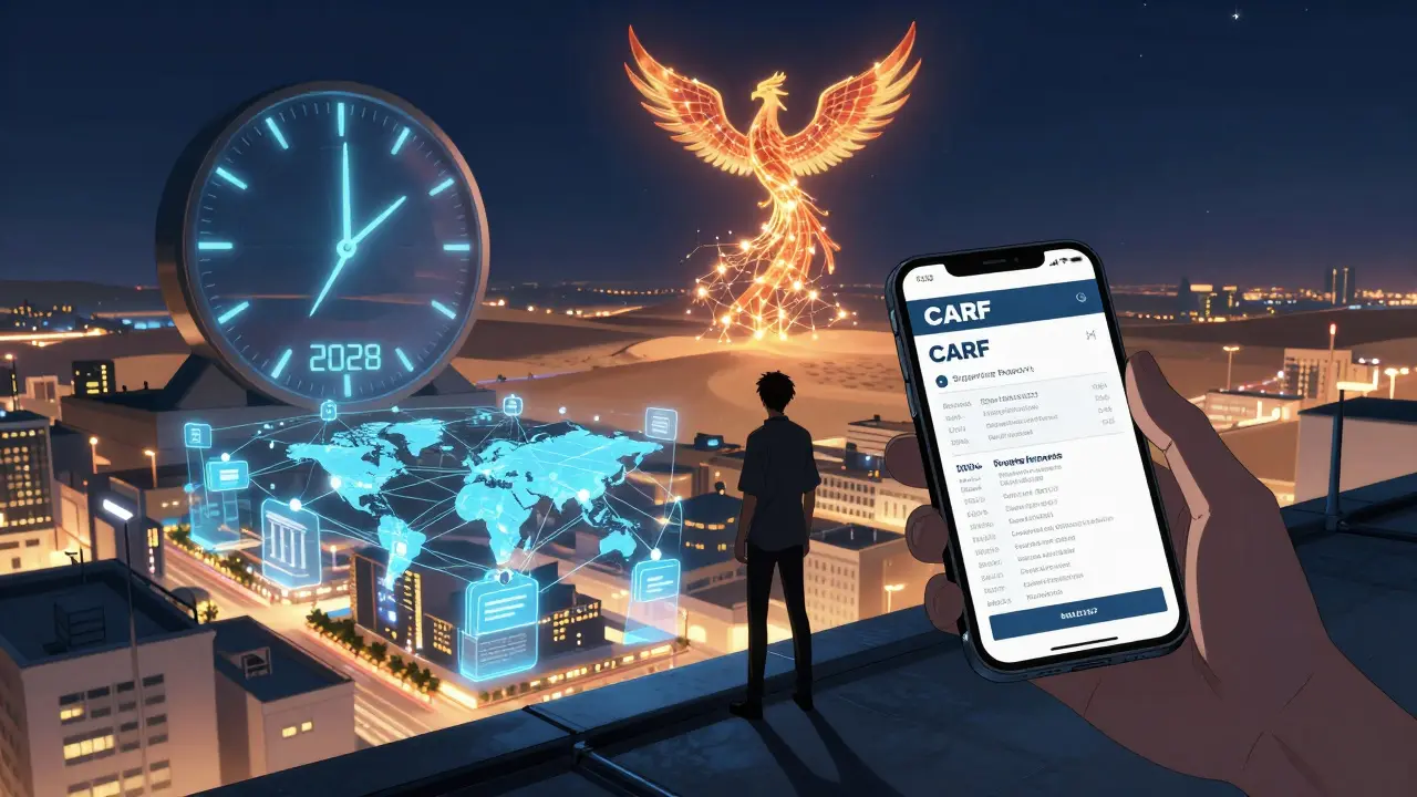 Une personne regardant un rapport CARF sur son téléphone, tandis que des réseaux financiers mondiaux se connectent à Dubaï sous un ciel étoilé.