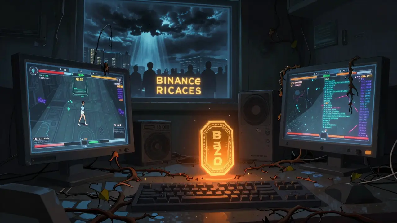 Une salle de serveur abandonnée avec un token BAZED qui s'éteint tandis que les échanges prospèrent à l'extérieur.