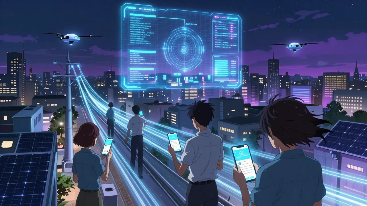 Une ville européenne intelligente avec un réseau énergétique automatisé piloté par une blockchain holographique.