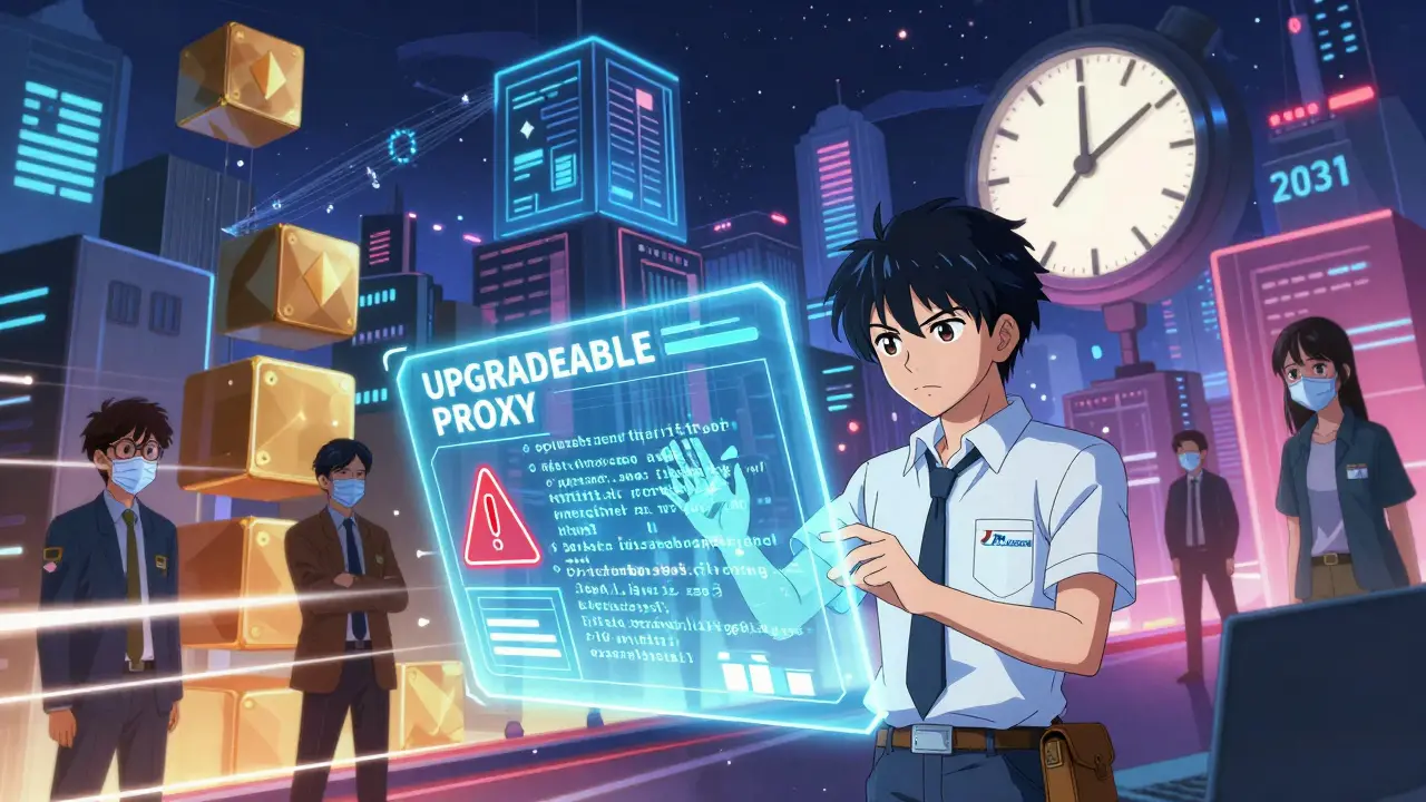 Une ville futuriste avec des bâtiments en blocs Ethereum, où un ingénieur fait face à un contrat immuable et un proxy upgradeable, sous un ciel menaçant.