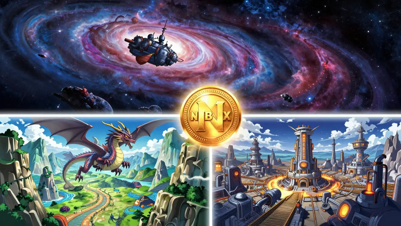 Aperçu du métavers NBOX avec pirates spatiaux, dragons et mines dans un style manga épique.