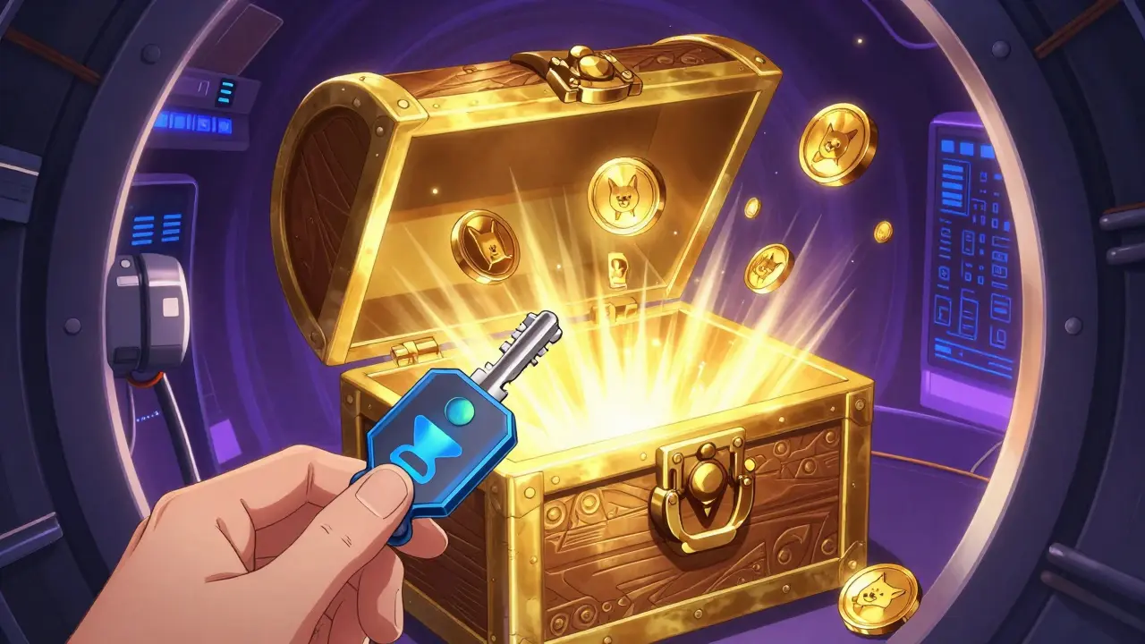 Coffre au trésor numérique ouvert avec des jetons WifeDoge et une clé de sécurité.