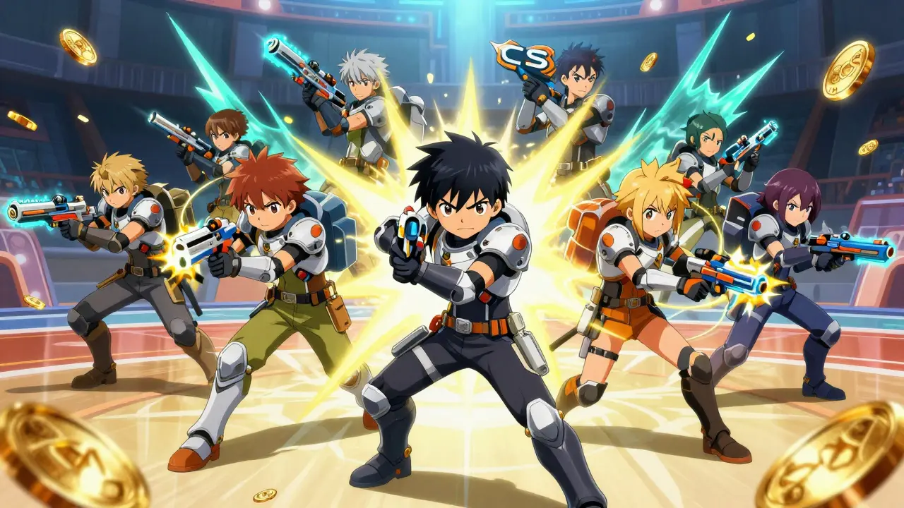 Combattants N-Guard avec armes technologiques et auras de combat dans une arène de jeu anime.