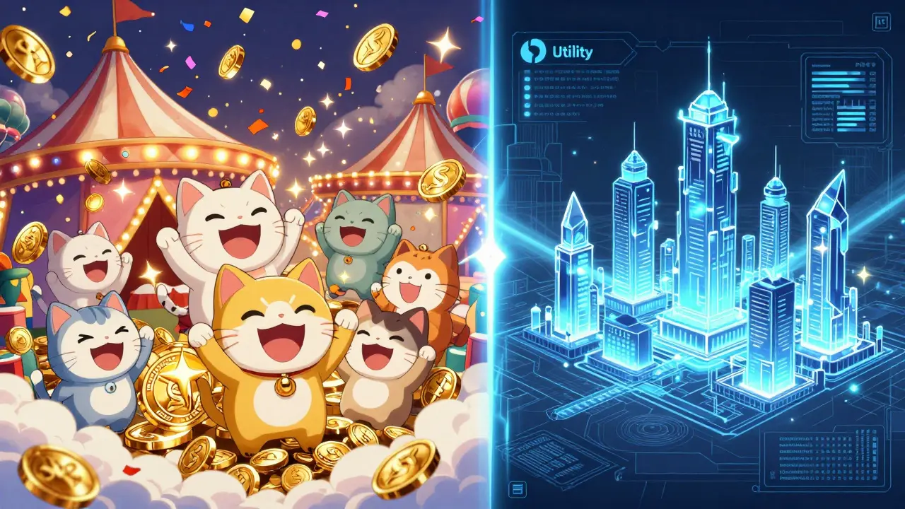 Contraste entre un monde de meme coins festif et un monde technologique structuré.