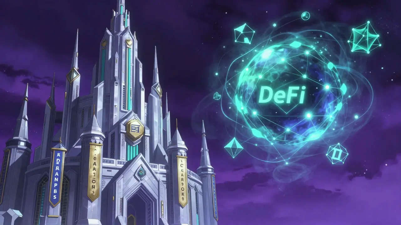 Contraste entre une forteresse réglementée et le monde abstrait de la DeFi et des NFT.