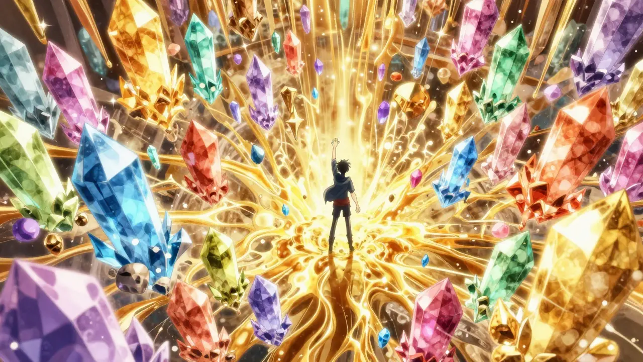 Des cristaux colorés flottant dans un liquide doré épais, style anime shounen.