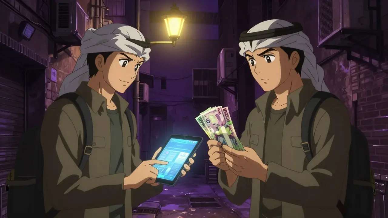 Deux traders effectuant un échange clandestin de cryptomonnaies dans une ruelle sombre.