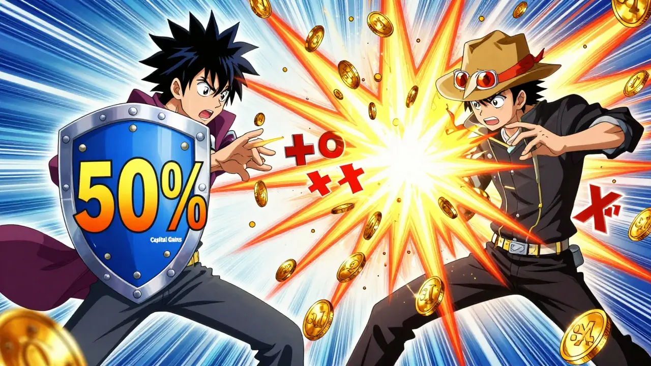 Duel stylisé entre les gains en capital et le revenu ordinaire avec des effets d'énergie.