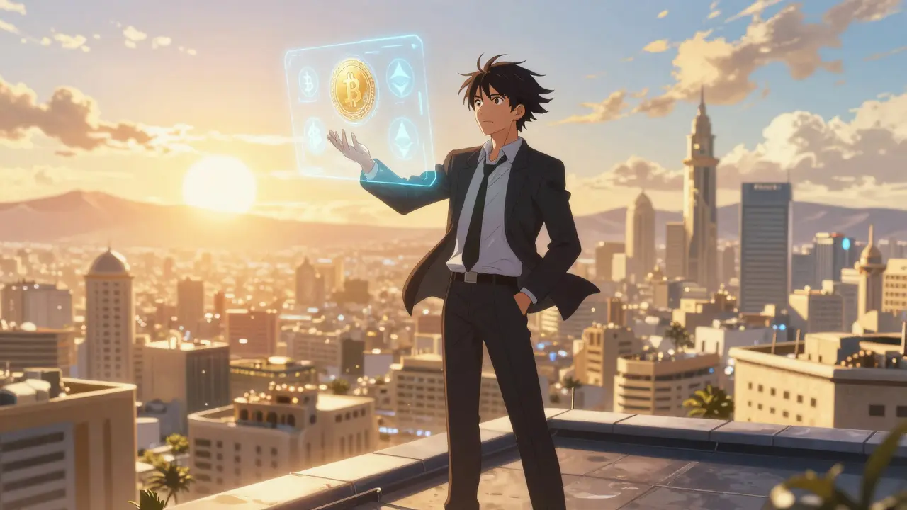 Entrepreneur victorieux admirant la ville avec une interface crypto holographique au lever du soleil.