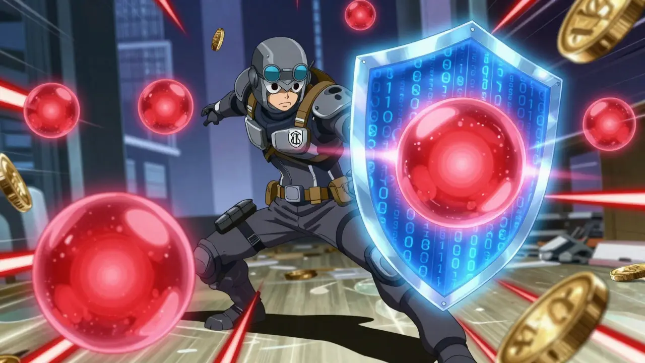 Gardien défiant des orbes rouges dangereux avec un bouclier bleu.