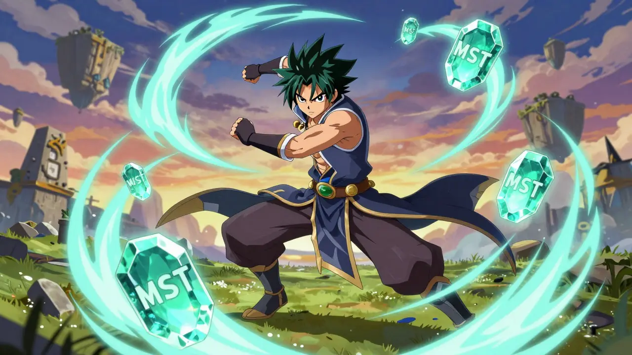 Guerrier fantastique entouré de pierres magiques MST dans un style anime.