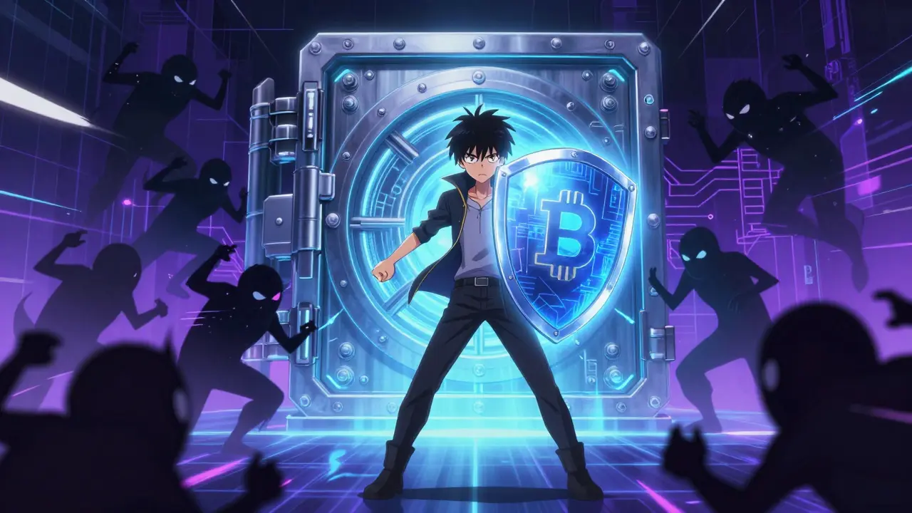 Guerrier protégeant son portefeuille numérique contre des ombres malveillantes en style anime.
