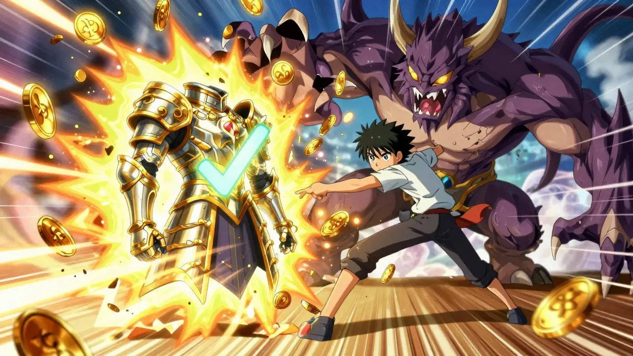 Héros de manga combattant un monstre et récoltant des récompenses NFT et des jetons brillants.