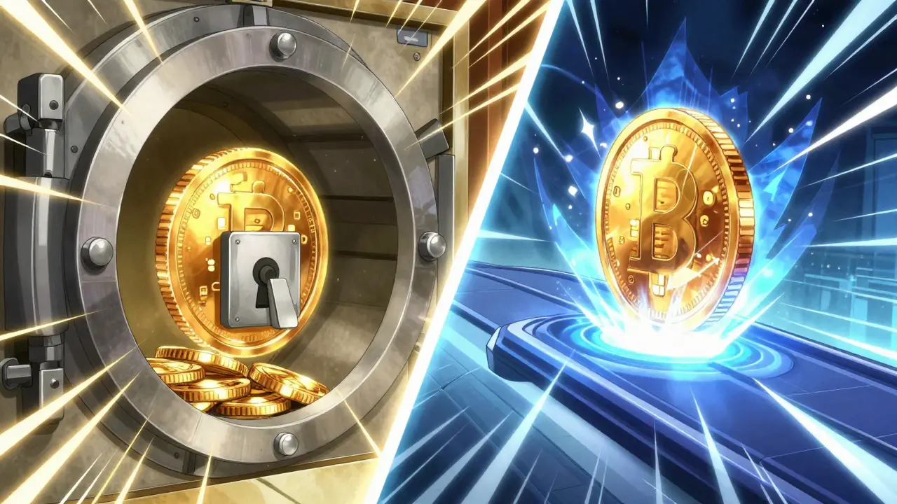 Illustration d'une pièce numérique verrouillée dans un coffre et créée sur une plateforme rapide.