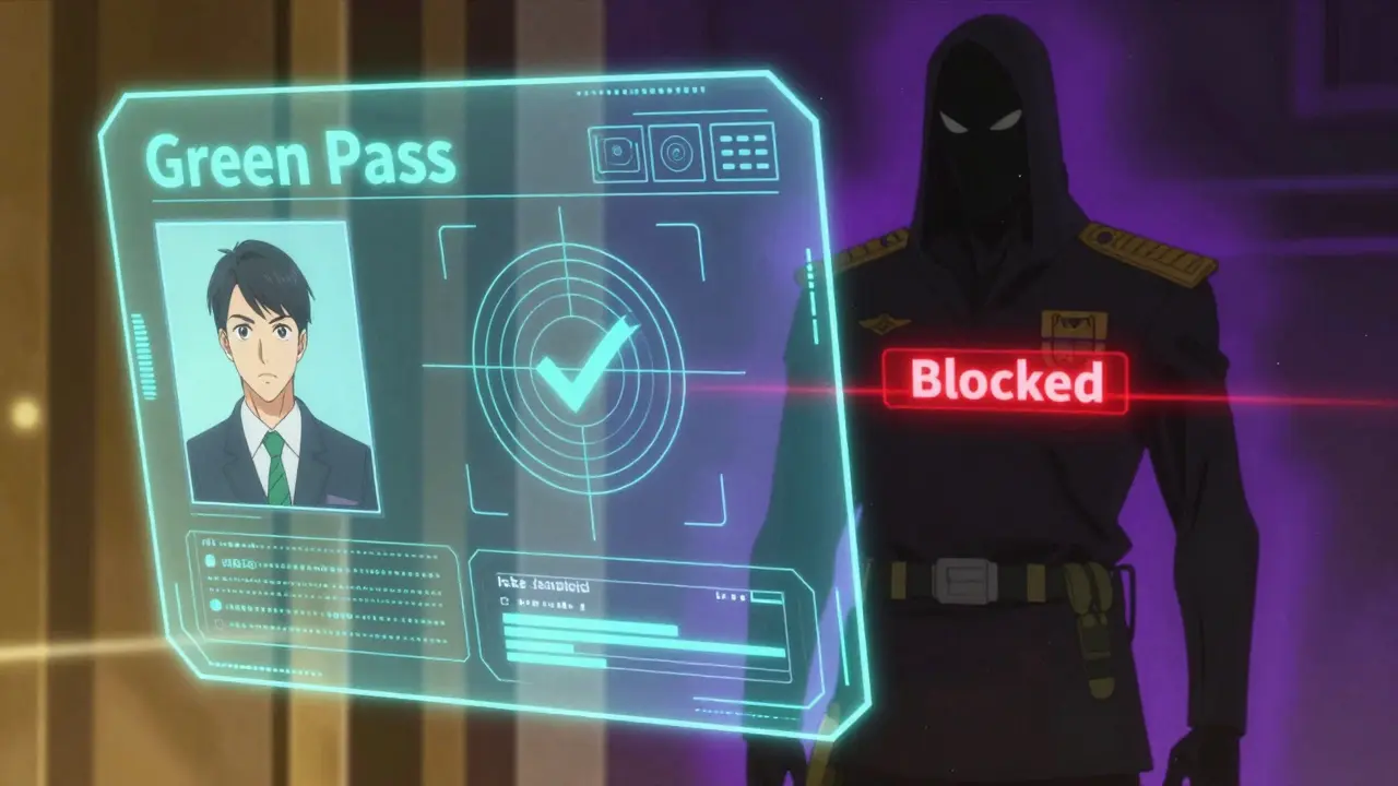 Interface holographique de screening séparant un utilisateur civil autorisé d'une entité sanctionnée.