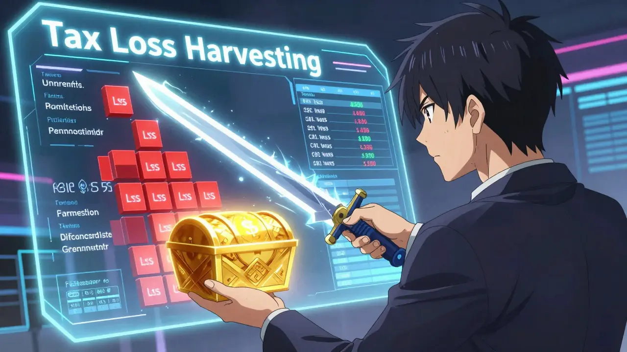 Investisseur utilisant un logiciel fiscal futuriste pour optimiser ses gains.