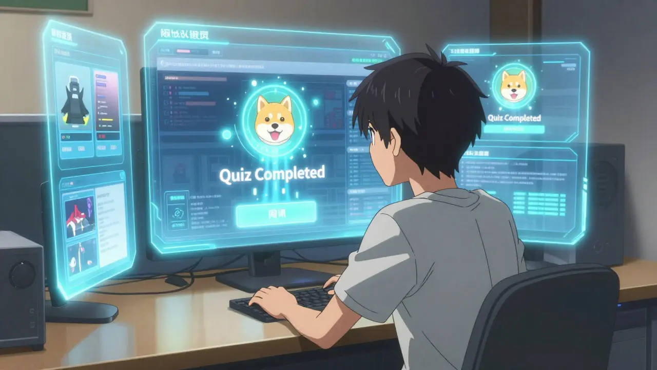 Jeune étudiant apprenant la blockchain avec des jetons WifeDoge en récompense.