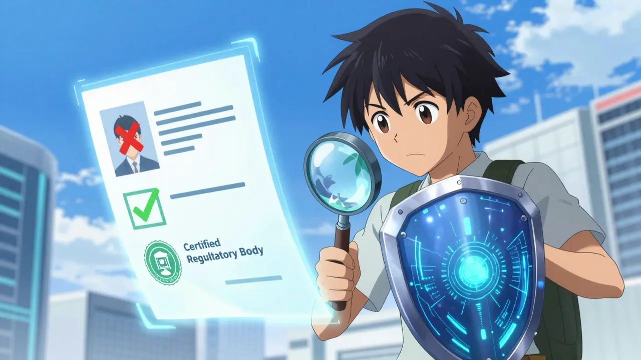 Jeune héros d'anime vérifiant la légitimité d'une licence crypto avec un bouclier numérique.