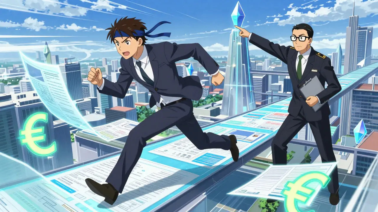 Jeune professionnel courant sur un pont numérique de documents pour atteindre la conformité.