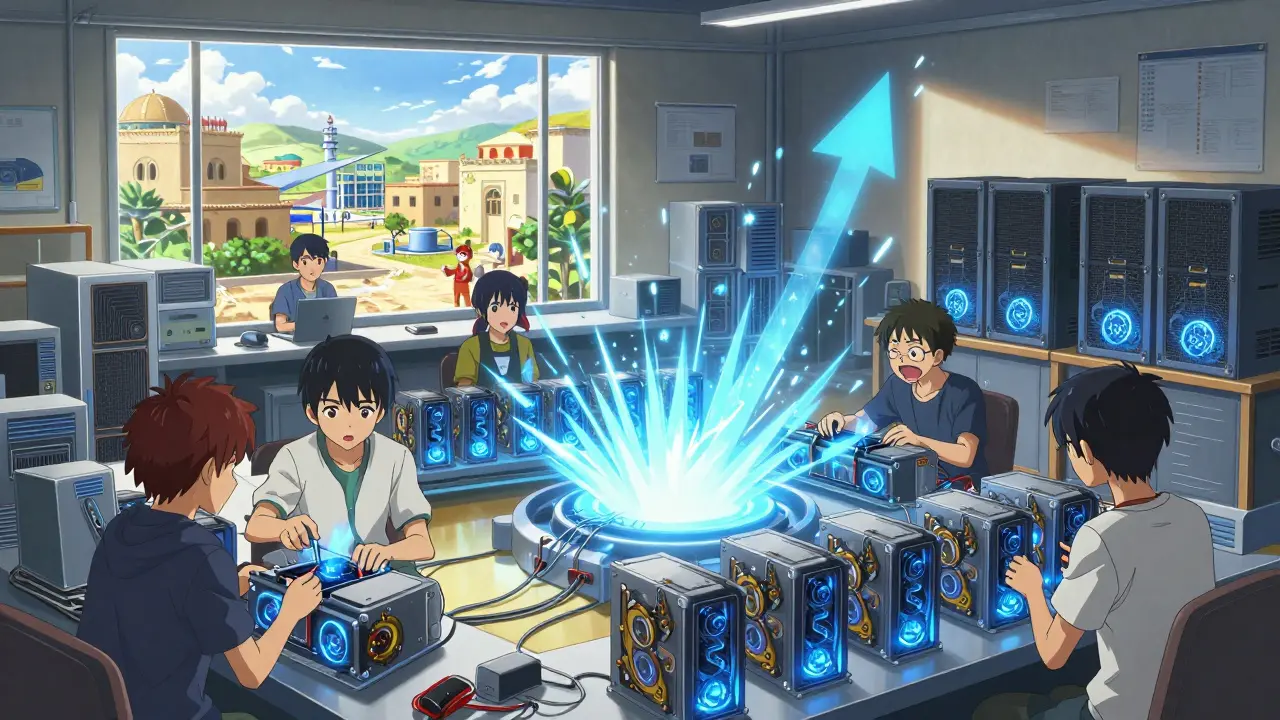 Jeunes syriens assemblant du matériel de minage de cryptomonnaies dans un atelier lumineux.