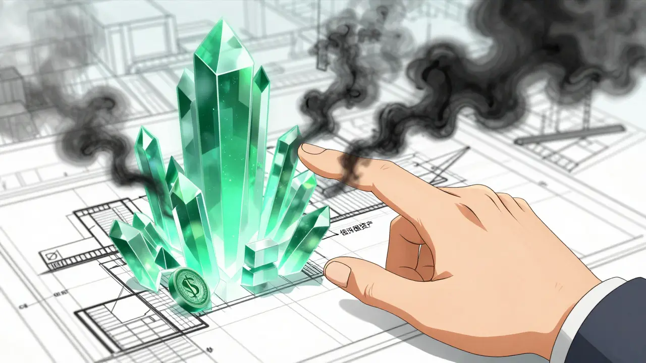 Main flottante transformant un plan de construction en cristaux verts.