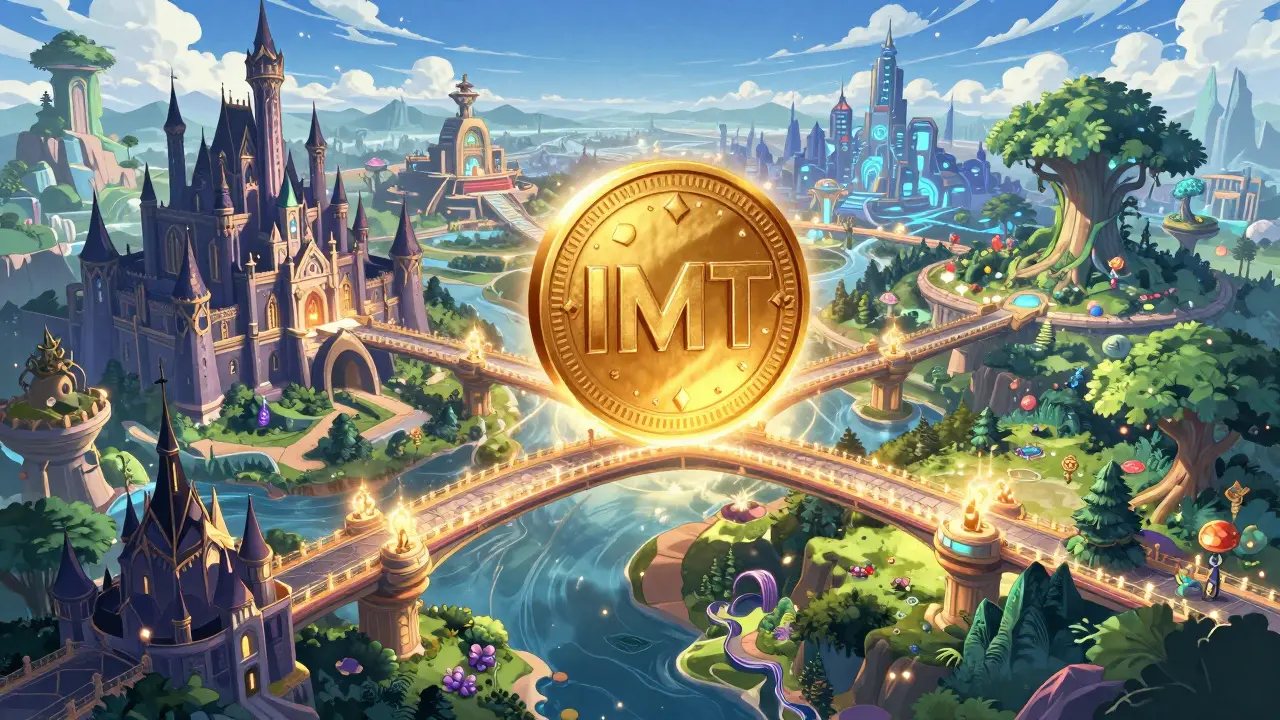 Mondes de jeux interconnectés par des ponts de lumière et le jeton IMT.