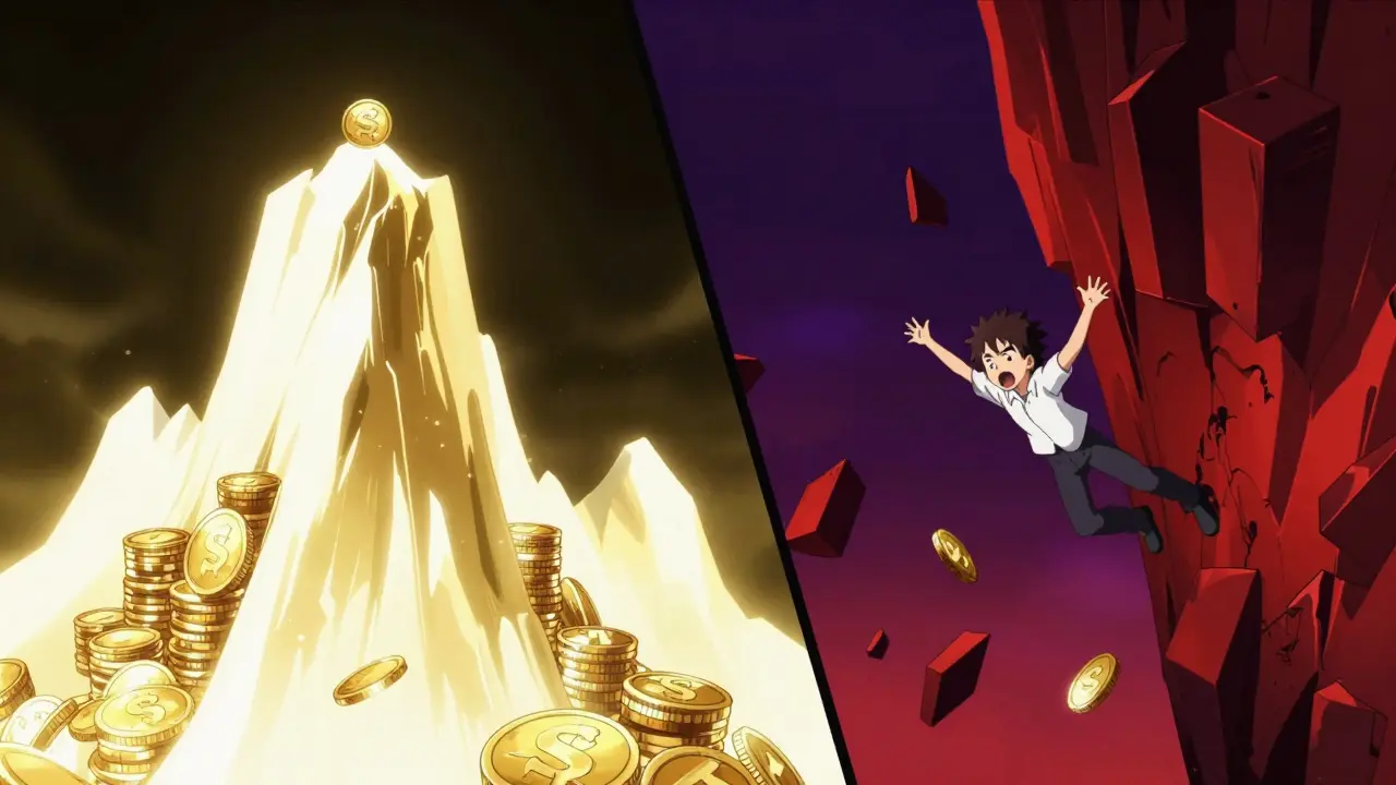 Montage anime montrant l'ascension et la chute brutale d'un investisseur face à la volatilité du jeton.