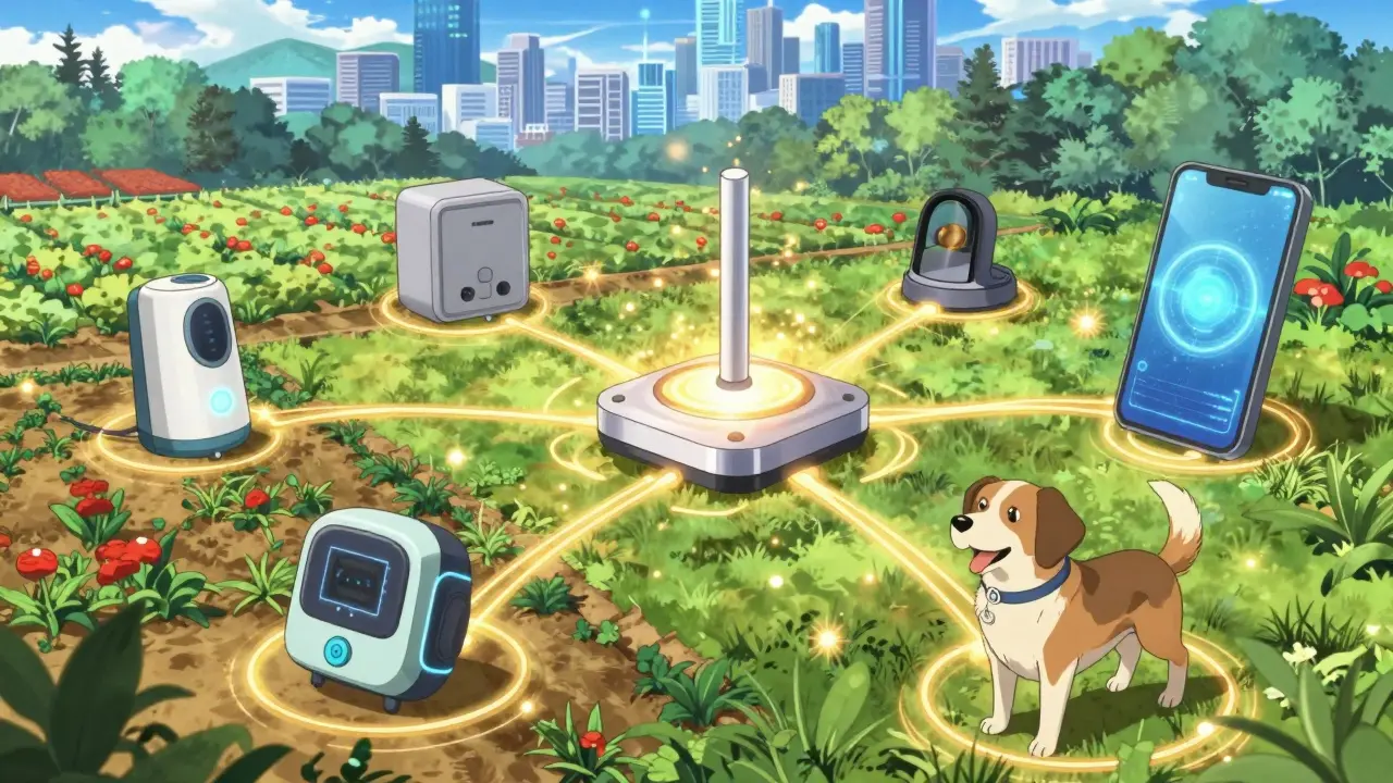 Objets connectés reliés par un réseau sans fil décentralisé, style anime.