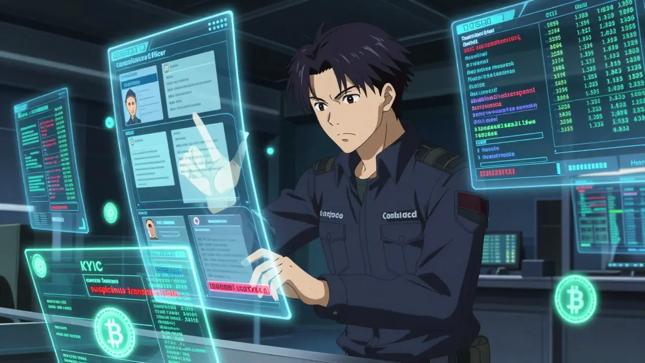 Officier de conformité analysant des flux de données KYC et AML avec des hologrammes.