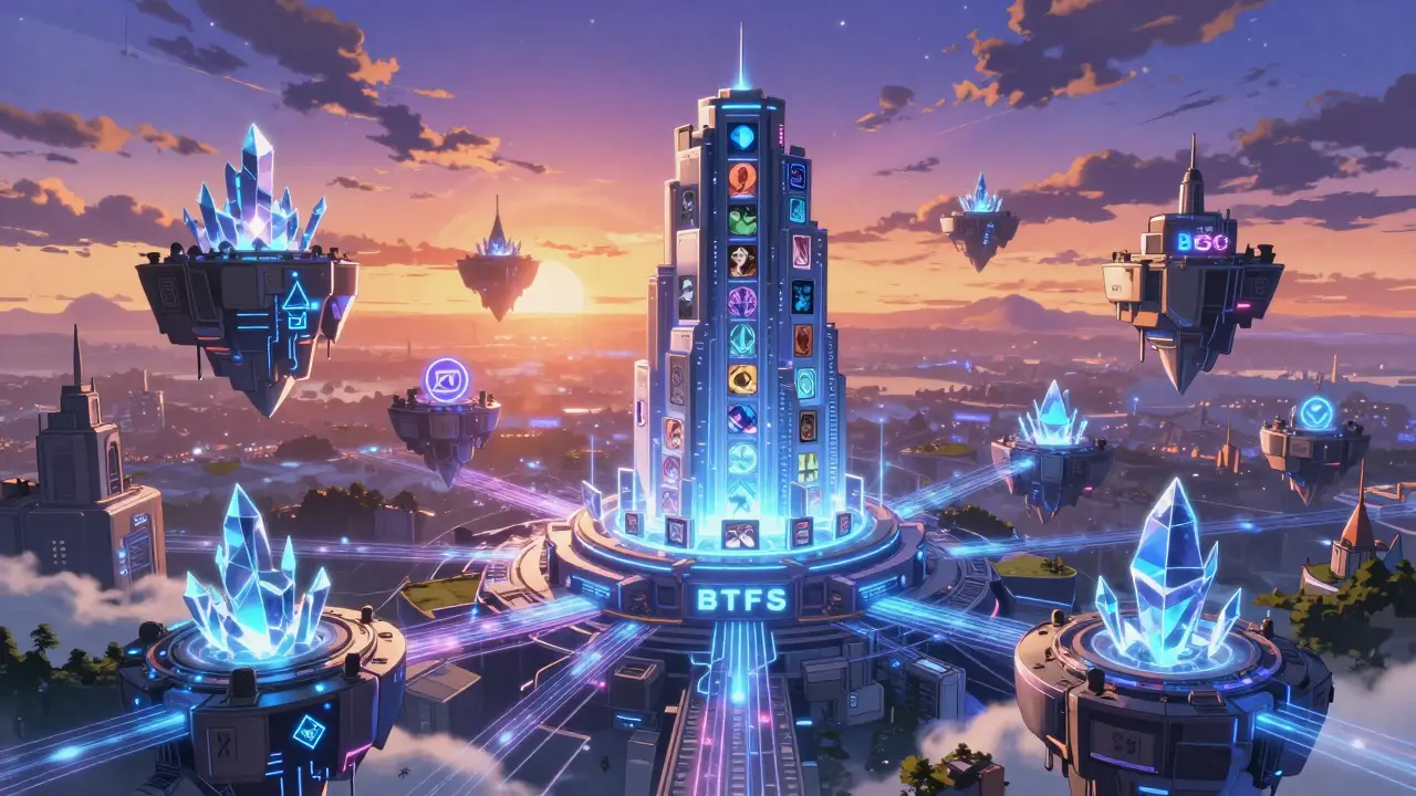 Paysage vaste et technologique du métavers multichaine avec des artworks NFT flottants.