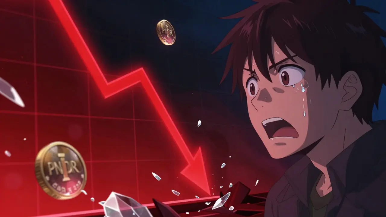 Personnage choqué devant un graphique financier en chute libre dans un style anime.