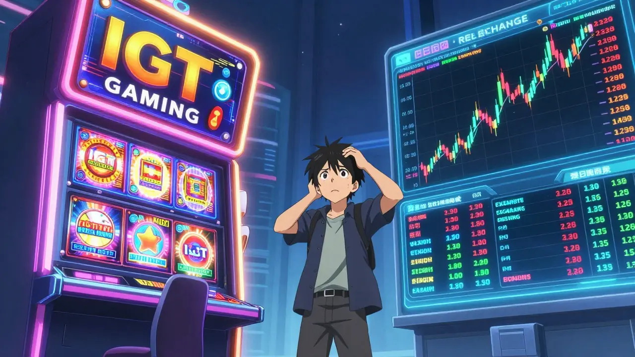 Personnage d'anime hésitant entre un casino holographique et une interface de trading.
