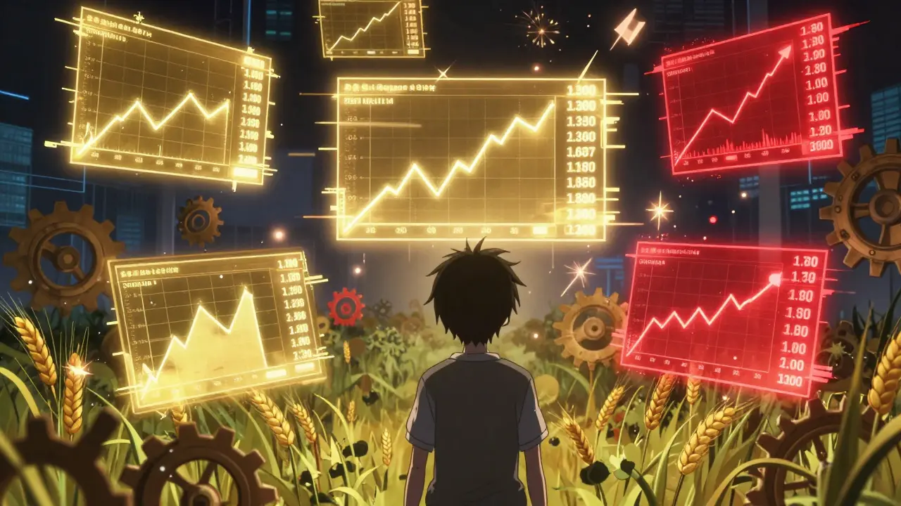 Personnage face à des graphiques de prix crypto fluctuants et glitchés.