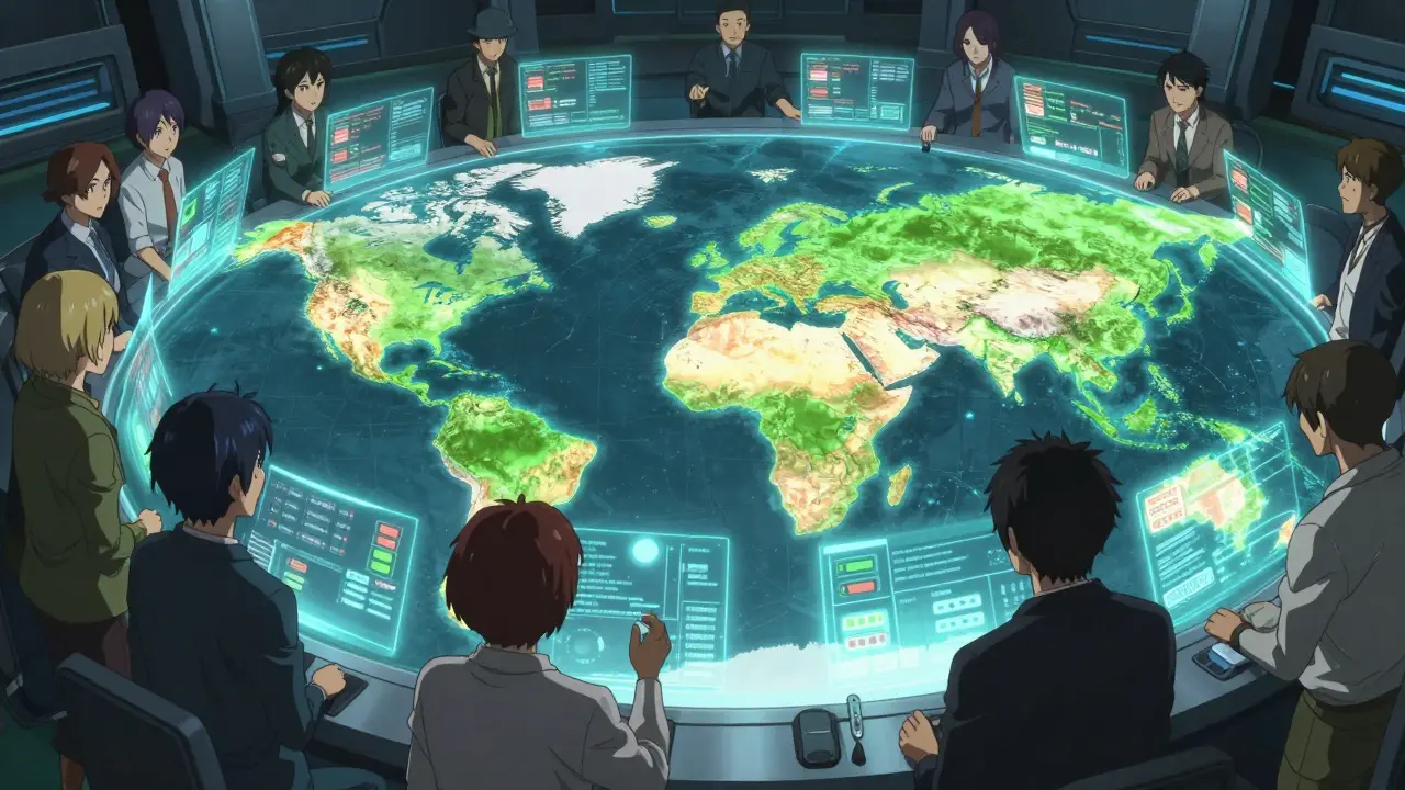 Personnages utilisant des interfaces holographiques pour la gouvernance agricole.