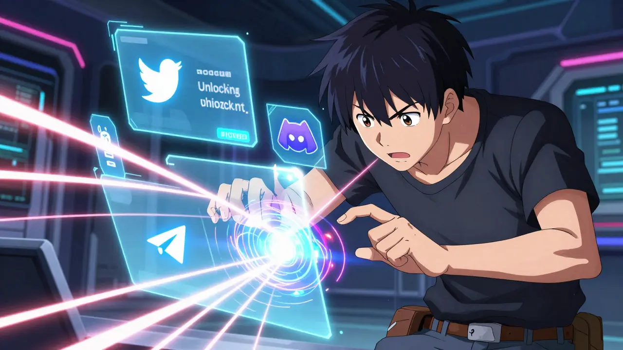 Protagoniste d'anime accomplissant des missions sociales sur des écrans holographiques futuristes.