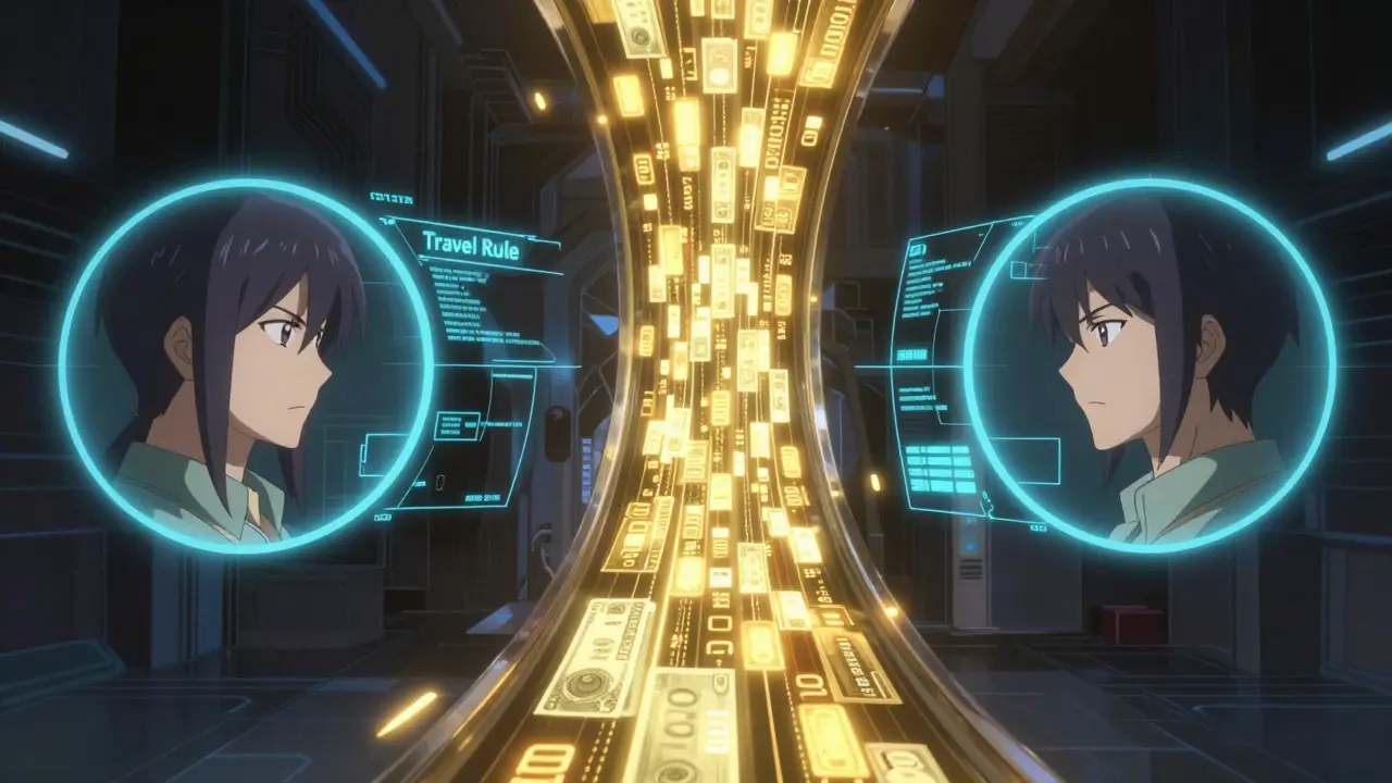 Représentation conceptuelle de la Travel Rule avec scan d'identité et flux de données.