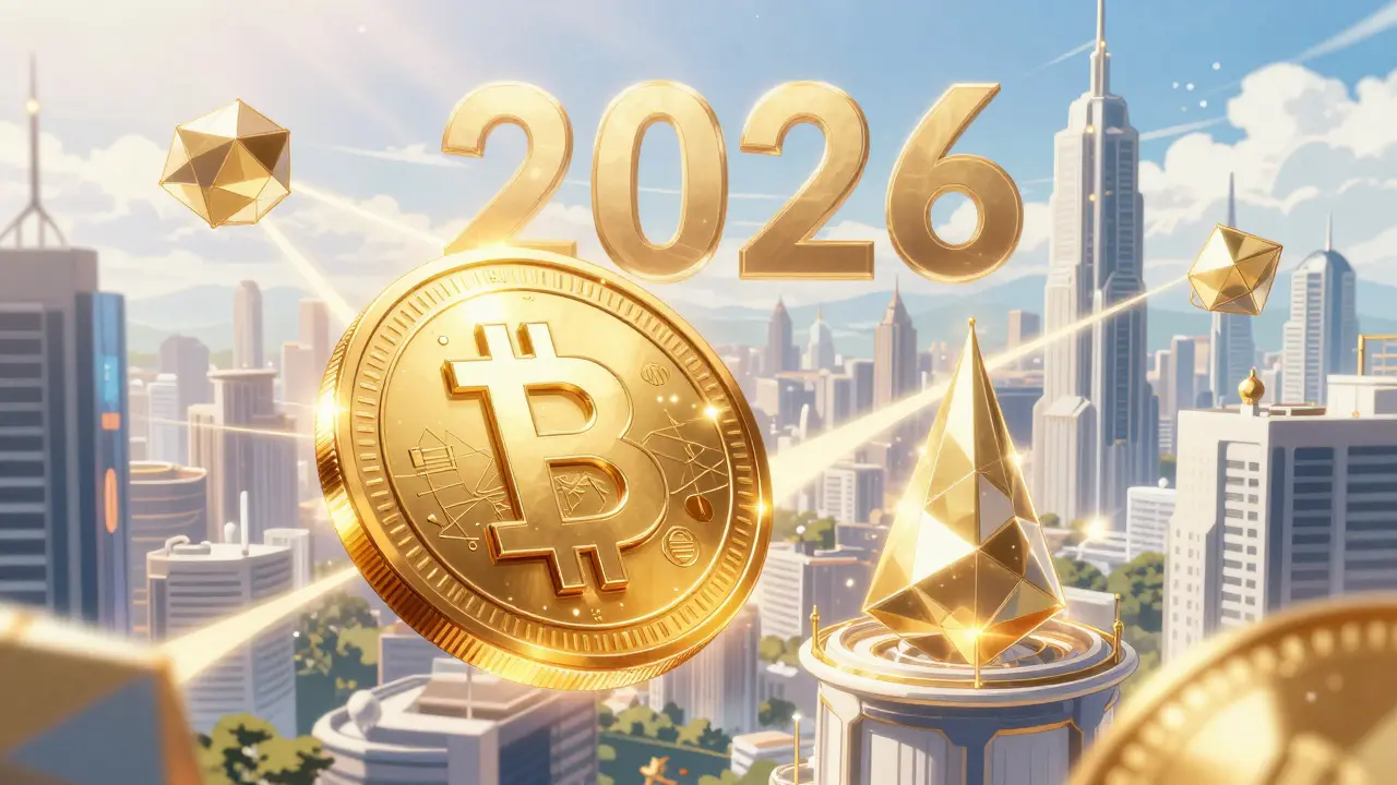 Représentation conceptuelle de stablecoins et de la DeFi dans une ville futuriste.