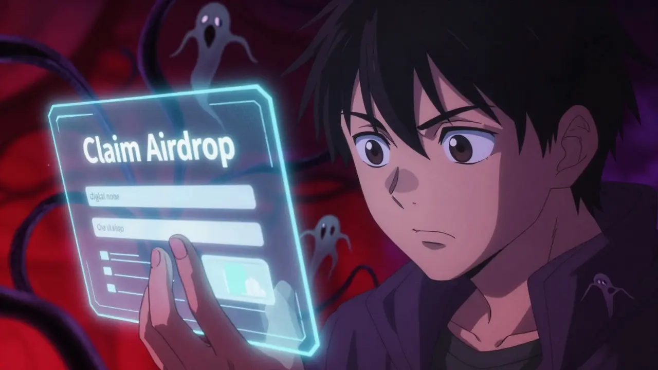 Un personnage d'anime refusant avec prudence un formulaire d'airdrop suspect et sombre.