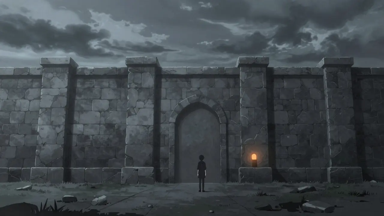Un personnage face à un immense mur de pierre sans issue, style anime shounen.