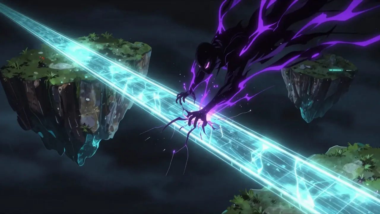 Un pont de lumière numérique entre deux îles flottantes attaqué par une ombre glitchy.