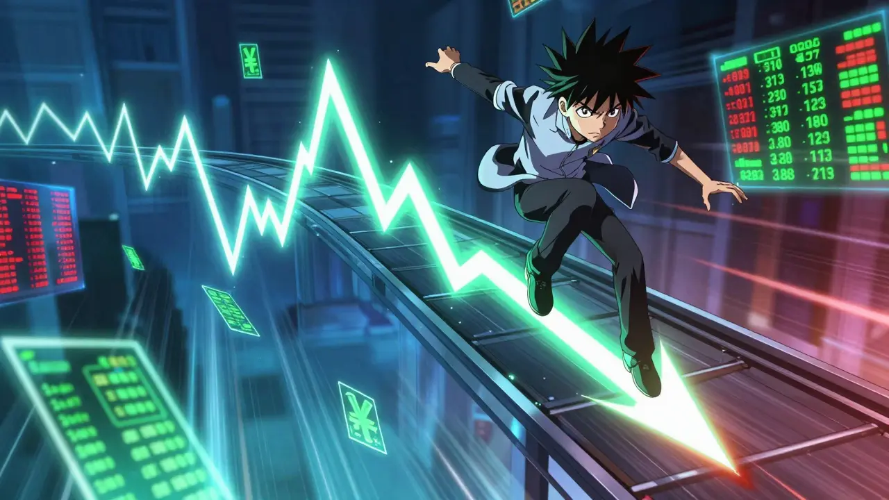 Un trader sur des montagnes russes numériques illustrant la volatilité des cryptomonnaies.