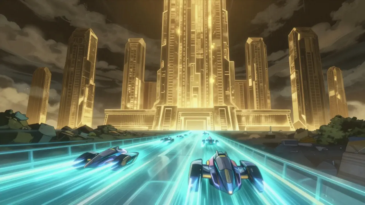 Une autoroute numérique rapide et lumineuse survolant un monolithe doré massif et stable.