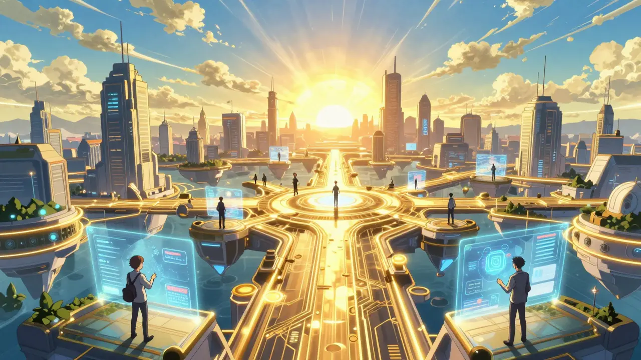 Une ville futuriste numérique et lumineuse représentant l'écosystème de la Binance Smart Chain.